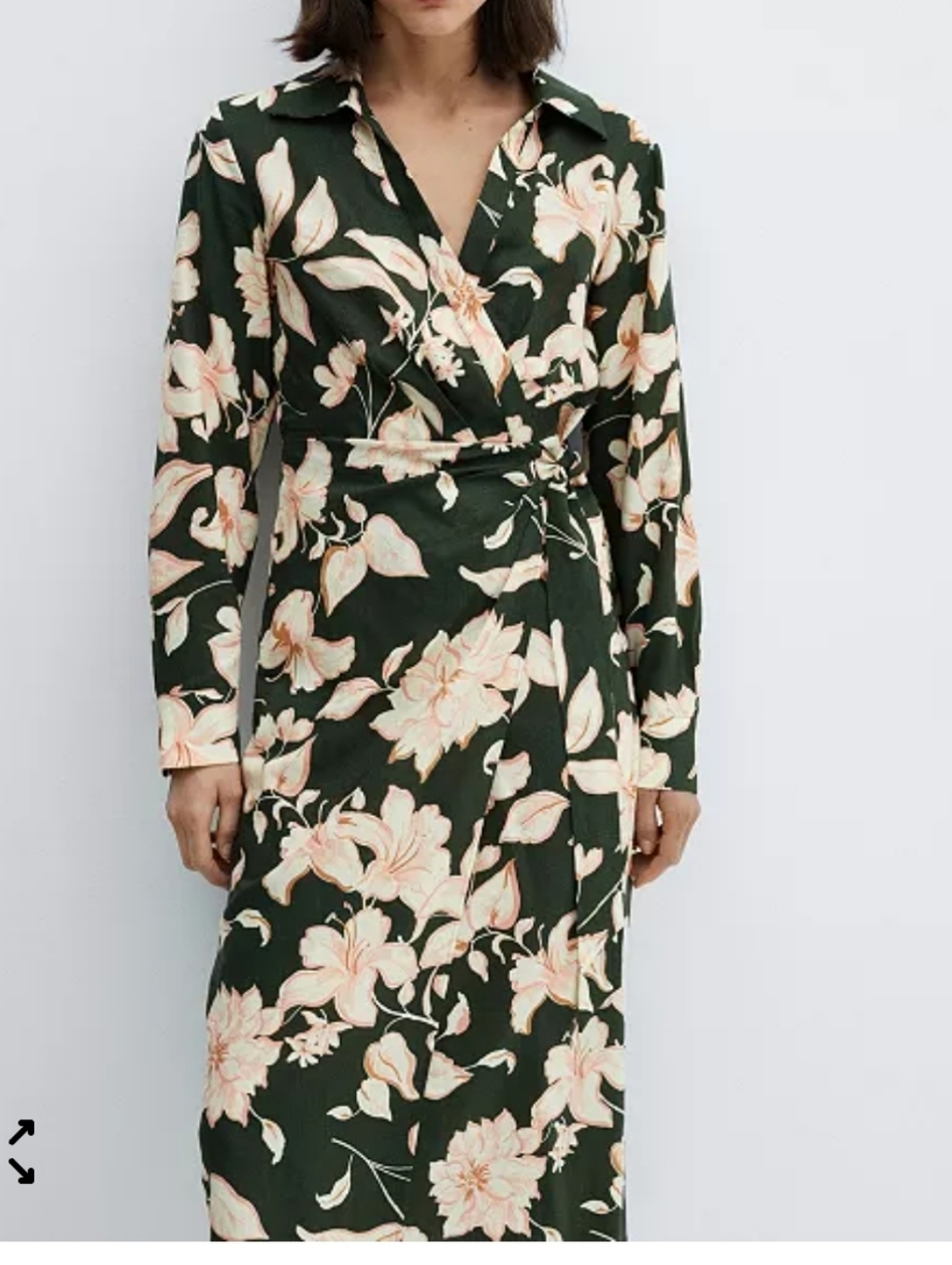 Mango Dark Green Floral Wrap Dress with Cream Blooms/Linen Blend/ Size 4